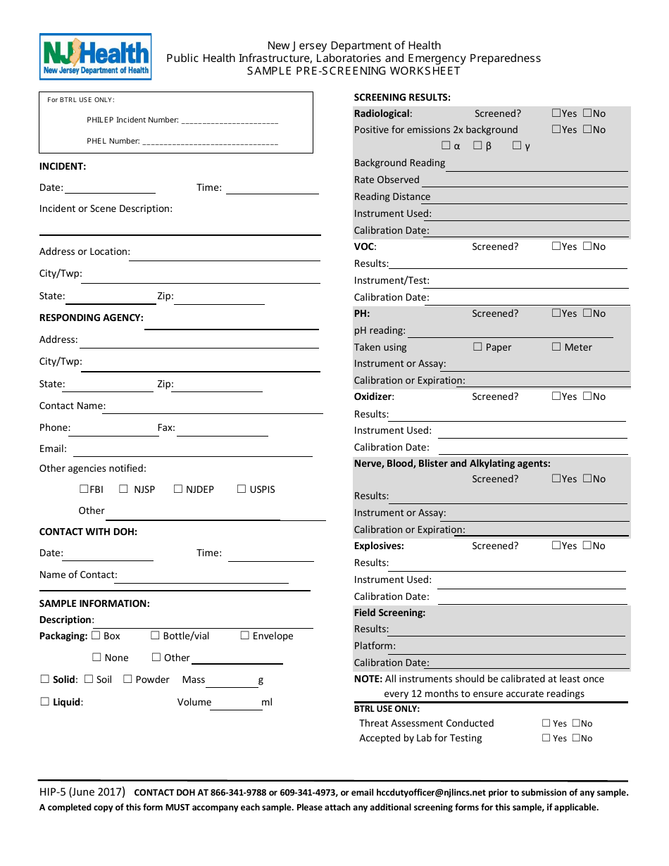 Form HIP-5 Laboratory Pre-screening Worksheet - New Jersey, Page 1