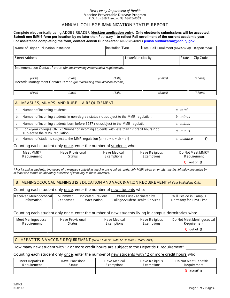 Form IMM-3 Annual College Immunization Status Report - New Jersey, Page 1