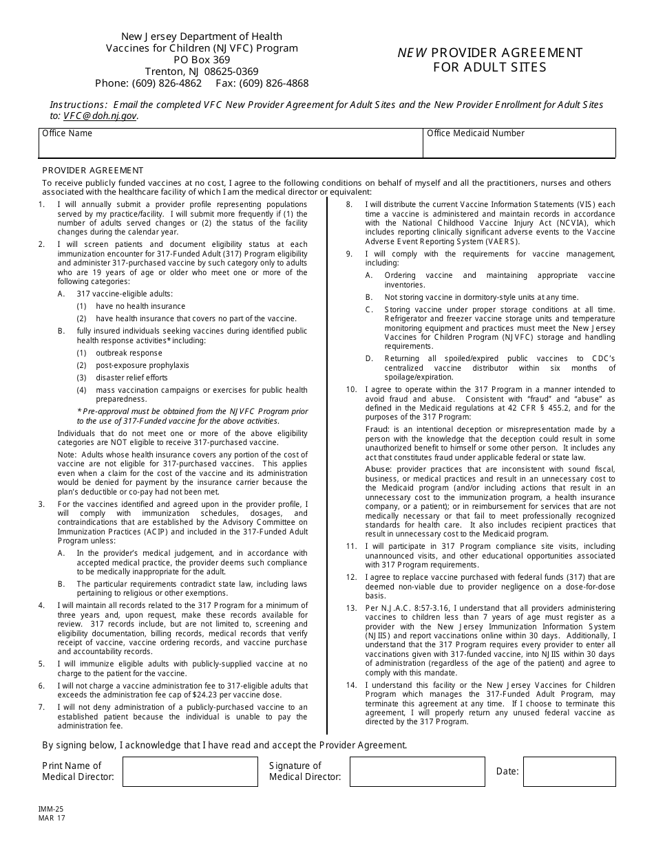 Form IMM-25 New Provider Agreement for Adult Sites - New Jersey, Page 1