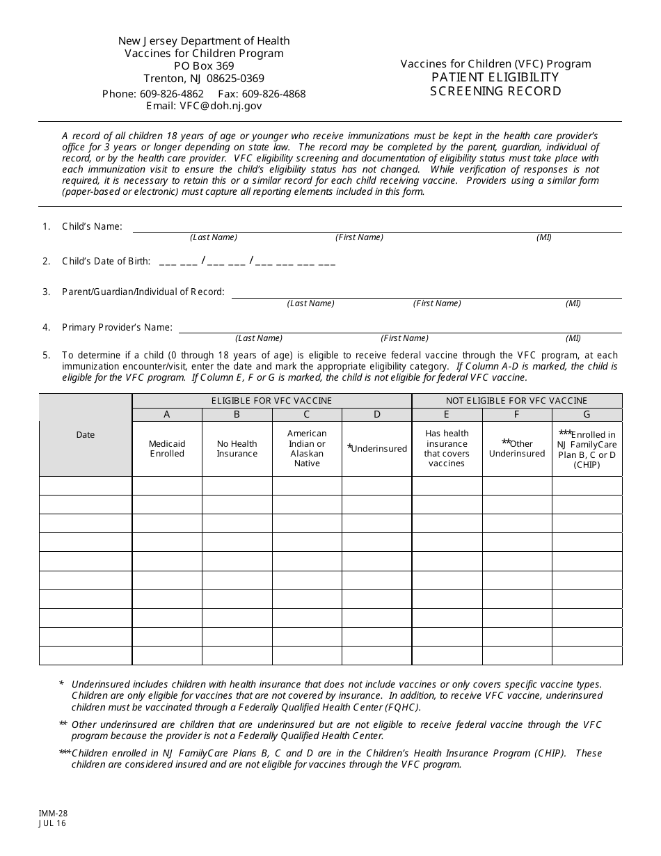 Form IMM-28 Vaccines for Children (Vfc) Program Patient Eligibility Screening Record - New Jersey, Page 1