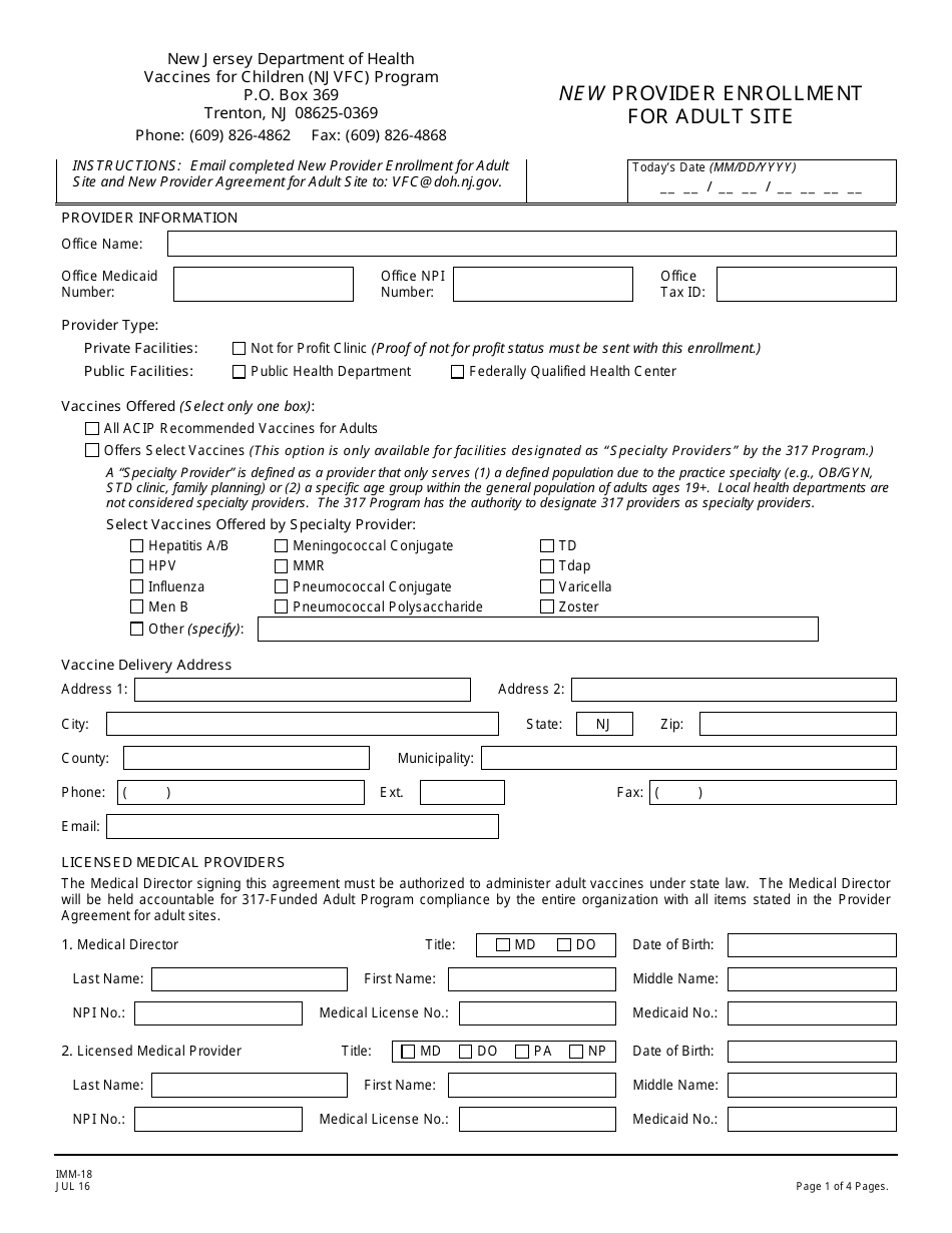 Form IMM-18 New Provider Enrollment for Adult Site - New Jersey, Page 1