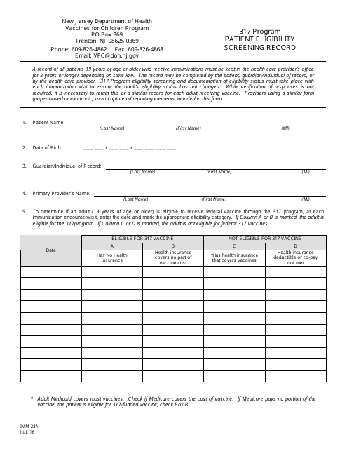 Form IMM-28A 317 Program Patient Eligibility Screening Record - New Jersey