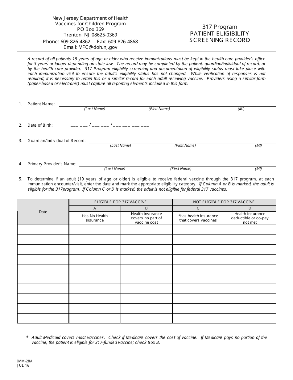 Form IMM-28A 317 Program Patient Eligibility Screening Record - New Jersey, Page 1