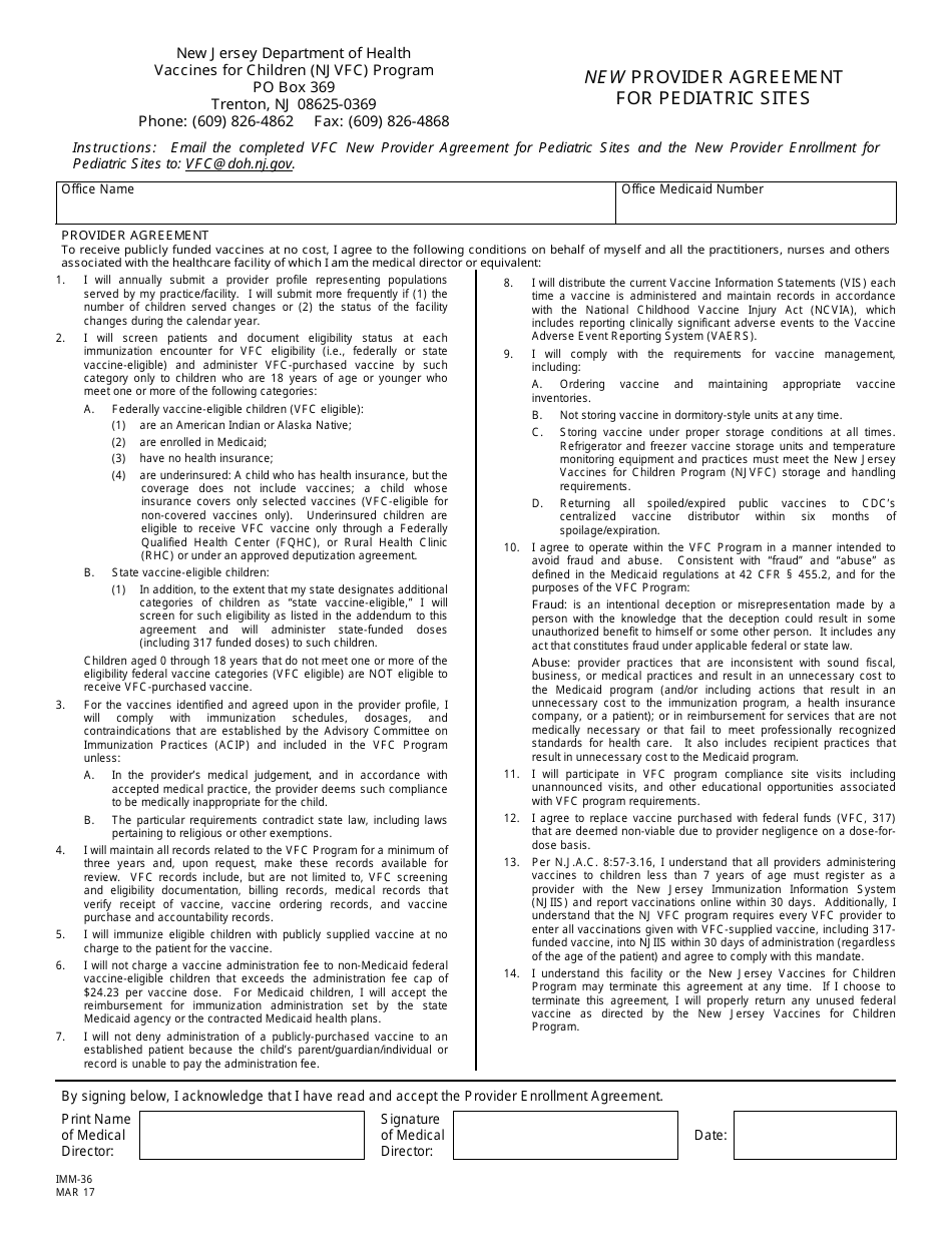 Form IMM-36 New Provider Agreement for Pediatric Sites - New Jersey, Page 1