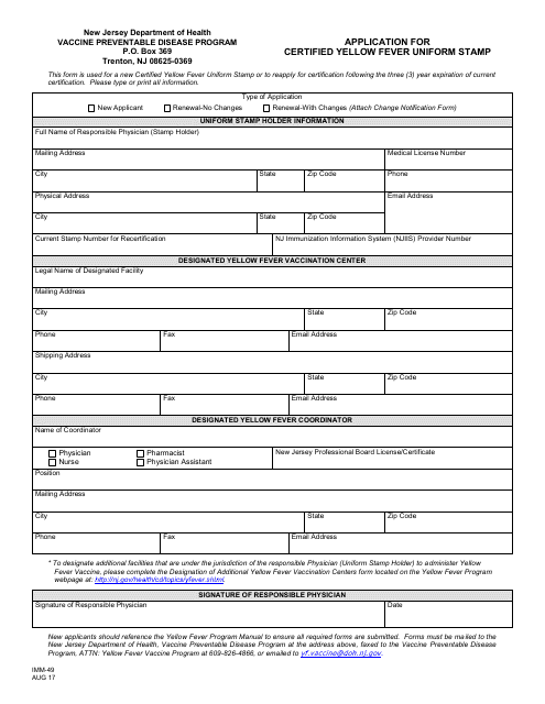 Form IMM-49 Application for Certified Yellow Fever Uniform Stamp - New Jersey