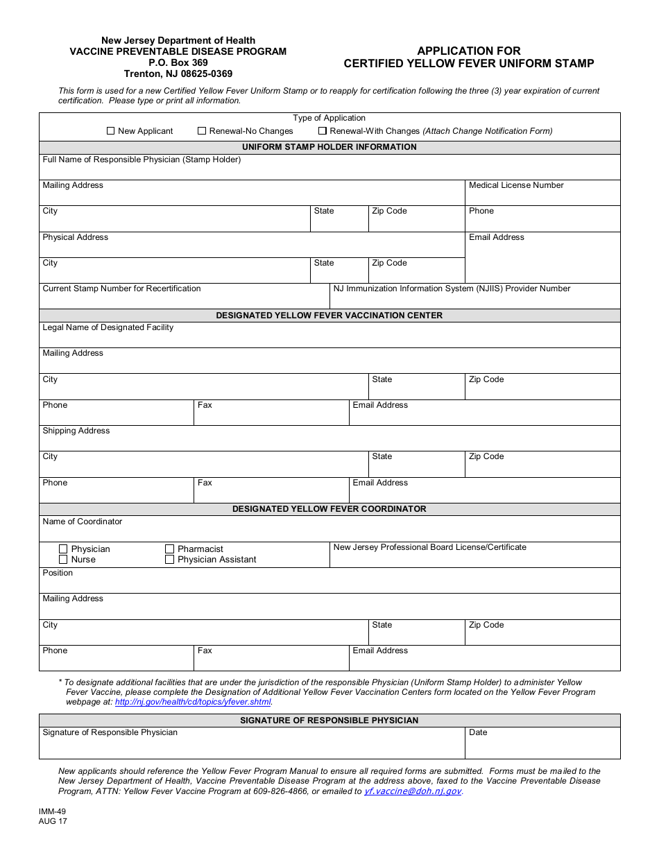 Form IMM-49 Application for Certified Yellow Fever Uniform Stamp - New Jersey, Page 1