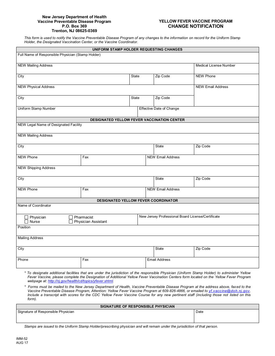 Form IMM-52 Yellow Fever Vaccine Program Change Notification - New Jersey, Page 1
