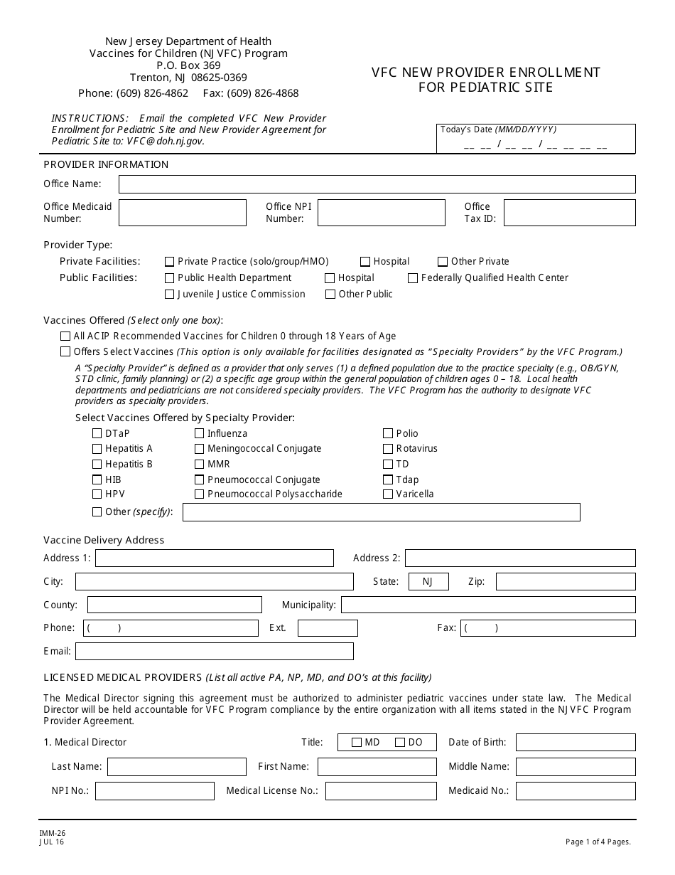 Form IMM-26 Vfc New Provider Enrollment for Pediatric Site - New Jersey, Page 1