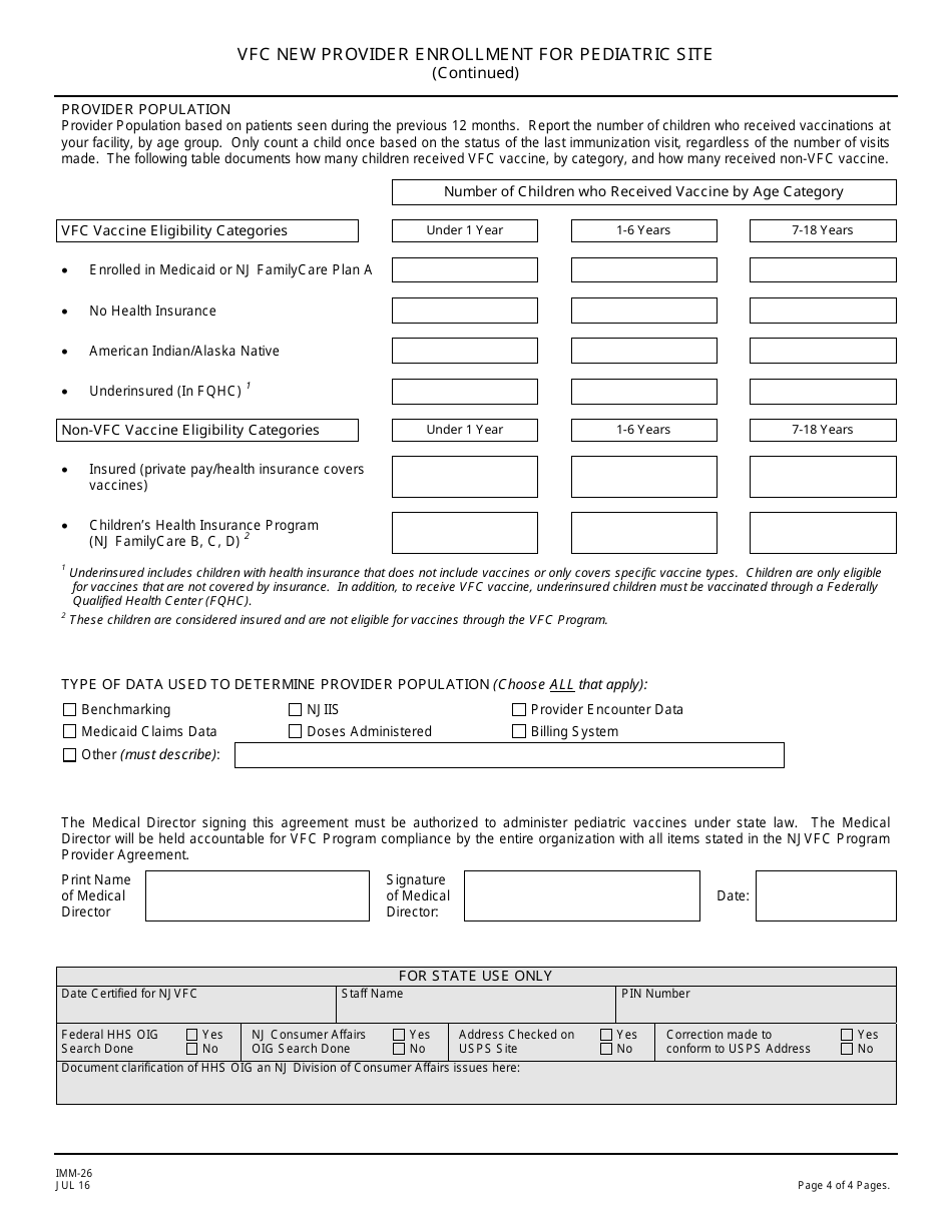 Form IMM-26 Vfc New Provider Enrollment for Pediatric Site - New Jersey, Page 4