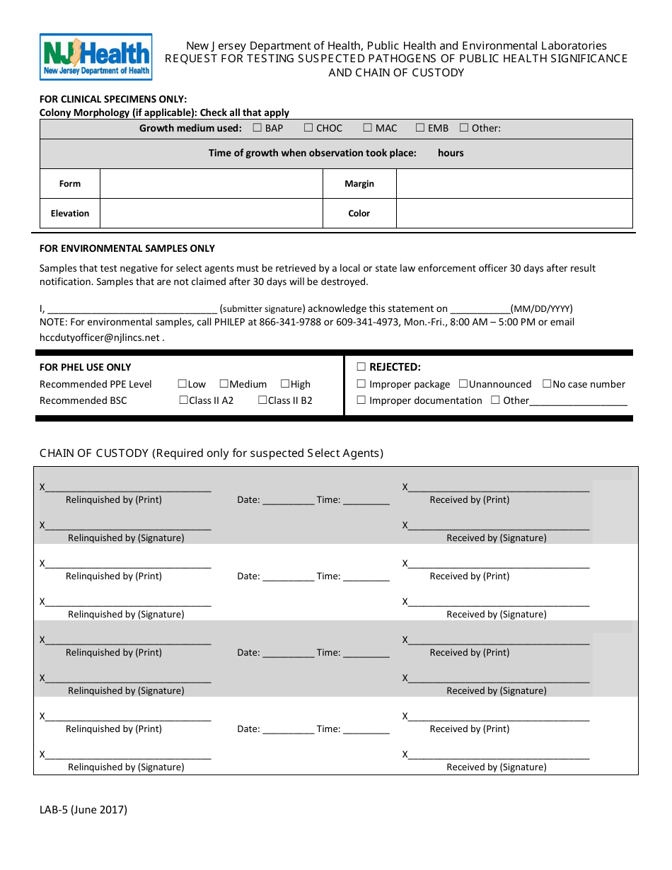 Form LAB-5 Request for Testing of Suspected Pathogens of Public Health Significance and Chain of Custody - New Jersey, Page 2