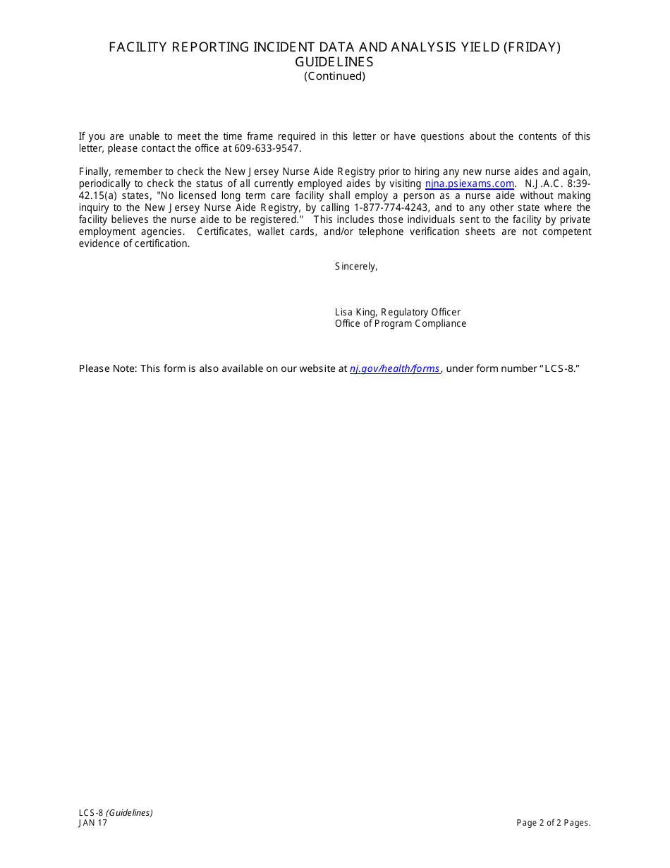 Form LCS-8 Facility Reporting Incident Data and Analysis Yield (Friday) - New Jersey, Page 2