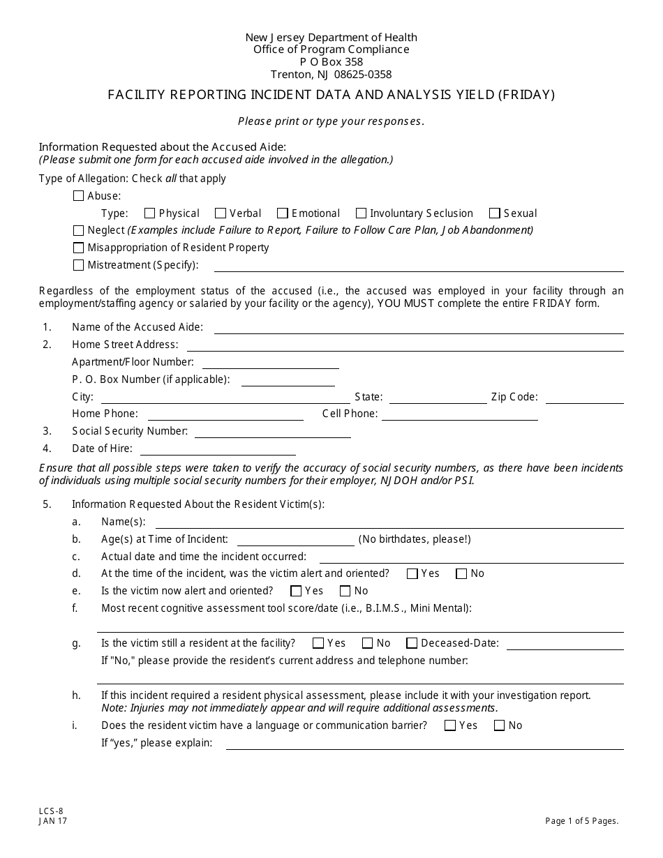 Form LCS-8 Facility Reporting Incident Data and Analysis Yield (Friday) - New Jersey, Page 3
