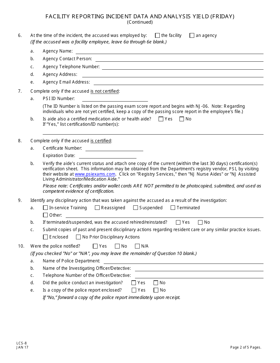 Form LCS-8 Facility Reporting Incident Data and Analysis Yield (Friday) - New Jersey, Page 4