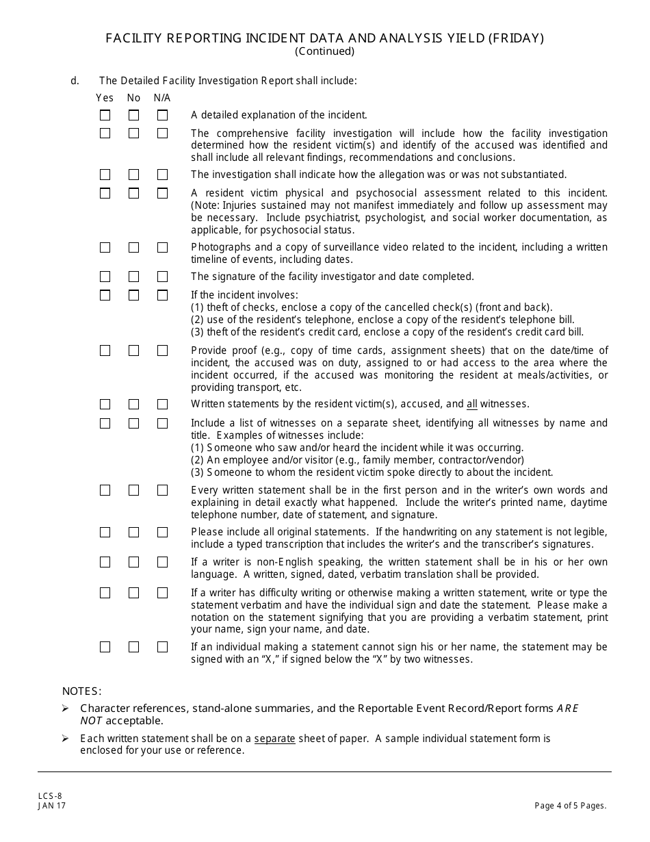 Form LCS-8 Facility Reporting Incident Data and Analysis Yield (Friday) - New Jersey, Page 6