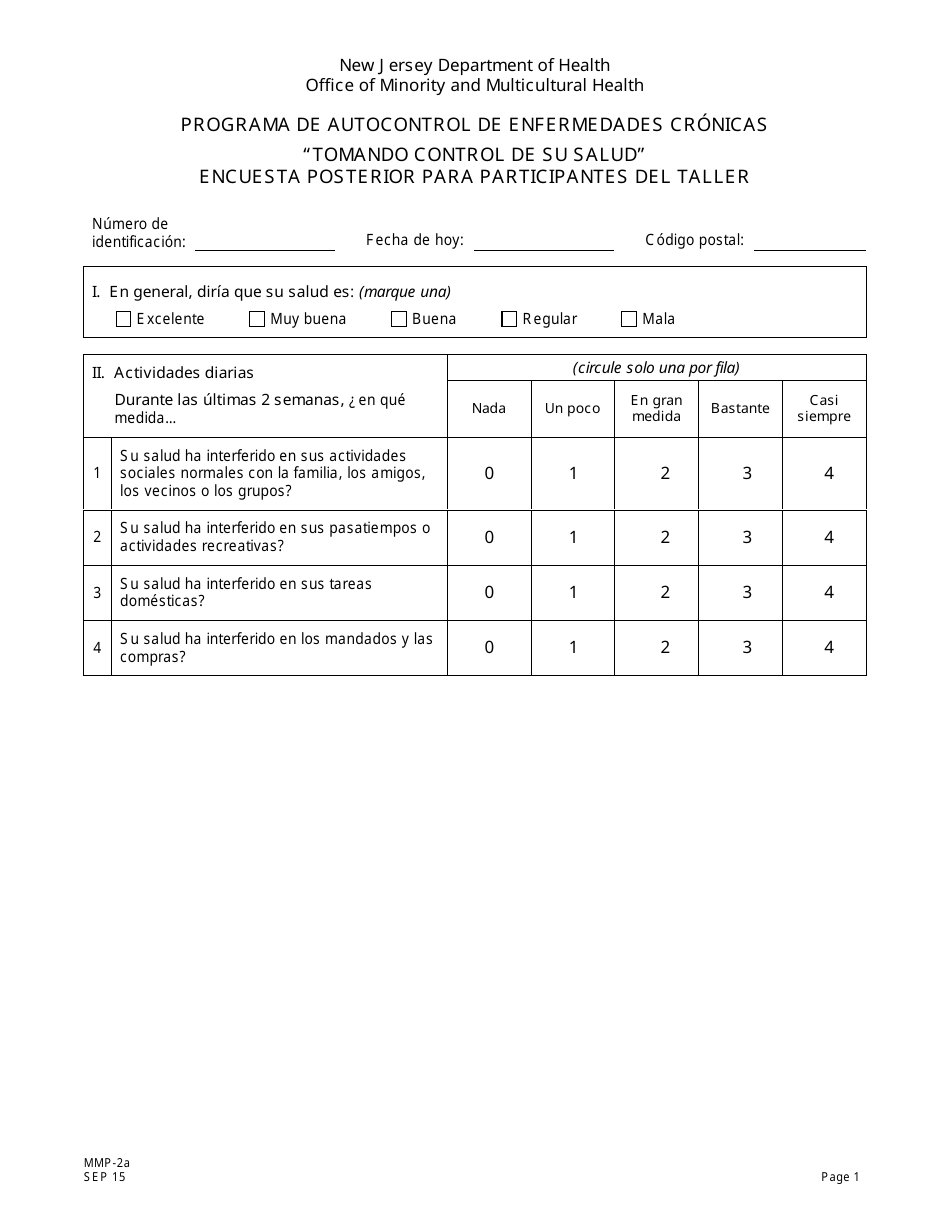 Formulario MMH-2A Tomando Control De Su Salud Encuesta Posterior Para Participantes Del Taller - Programa De Autocontrol De Enfermedades Cronicas - New Jersey (Spanish), Page 1