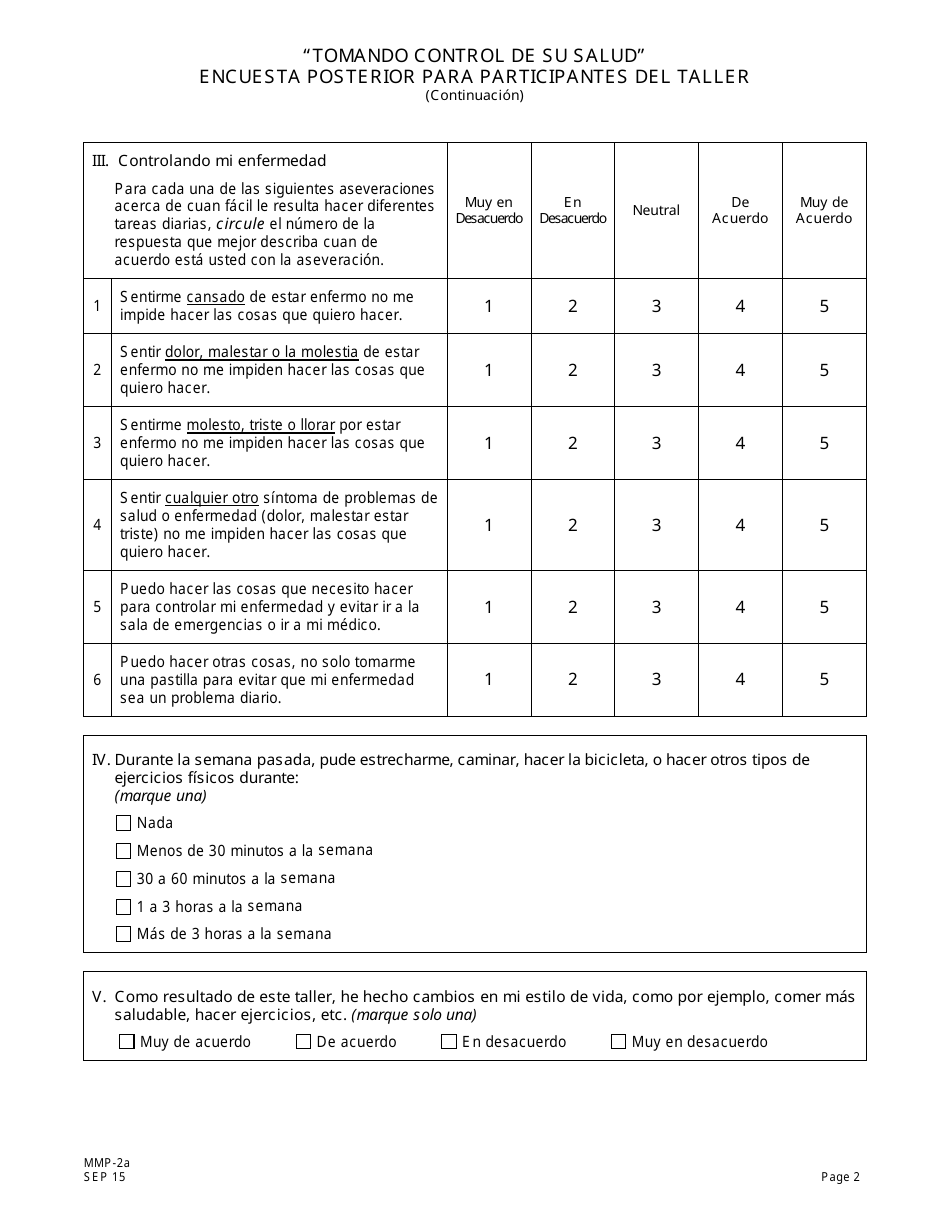 Formulario MMH-2A Tomando Control De Su Salud Encuesta Posterior Para Participantes Del Taller - Programa De Autocontrol De Enfermedades Cronicas - New Jersey (Spanish), Page 2
