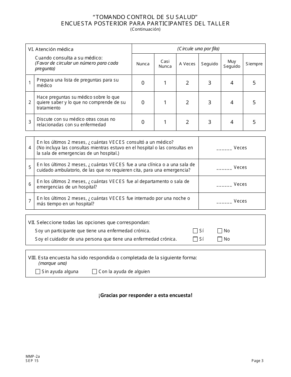 Formulario MMH-2A Tomando Control De Su Salud Encuesta Posterior Para Participantes Del Taller - Programa De Autocontrol De Enfermedades Cronicas - New Jersey (Spanish), Page 3