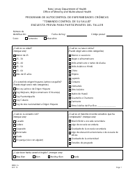 Document preview: Formulario MMH-1A Tomando Control De Su Salud Encuesta Previa Para Participantes Del Taller - Programa De Autocontrol De Enfermedades Cronicas - New Jersey (Spanish)