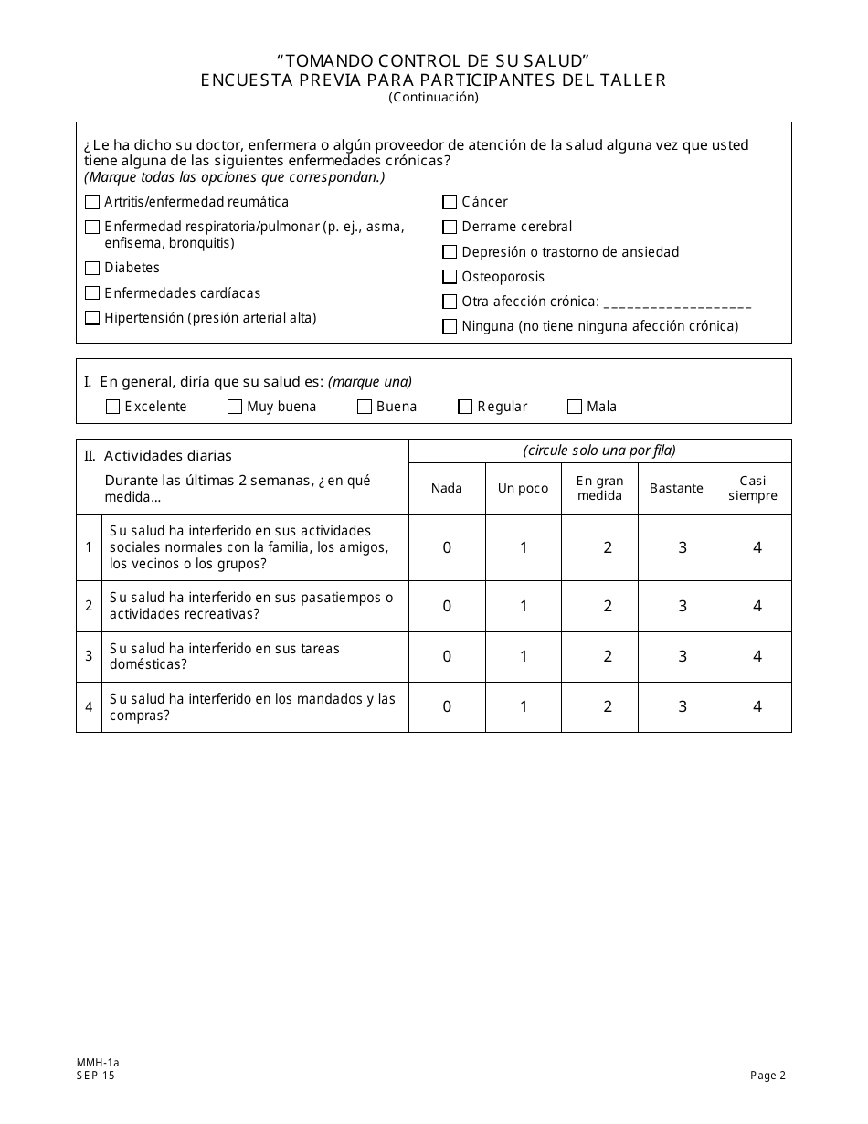 Formulario MMH-1A Tomando Control De Su Salud Encuesta Previa Para Participantes Del Taller - Programa De Autocontrol De Enfermedades Cronicas - New Jersey (Spanish), Page 2