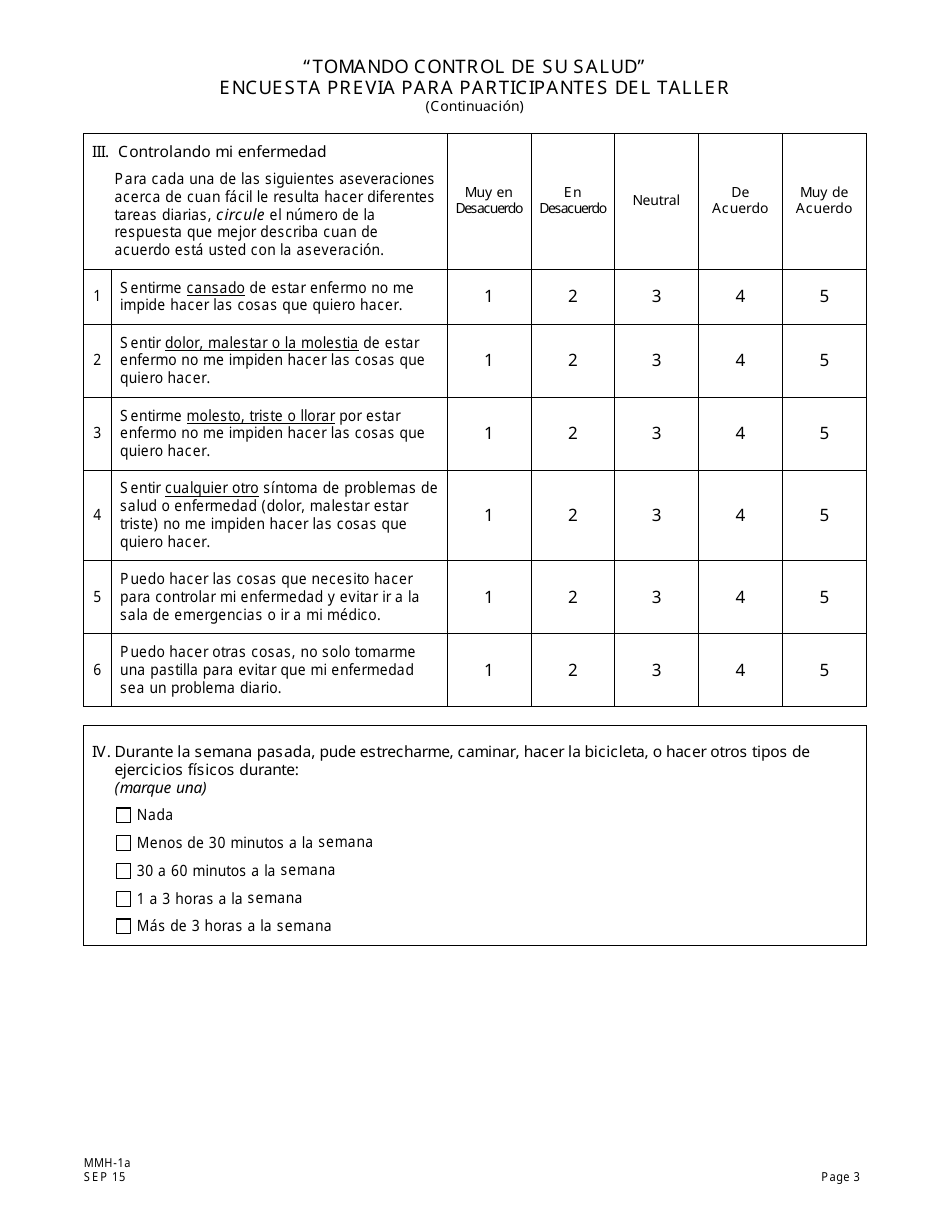 Formulario MMH-1A Tomando Control De Su Salud Encuesta Previa Para Participantes Del Taller - Programa De Autocontrol De Enfermedades Cronicas - New Jersey (Spanish), Page 3