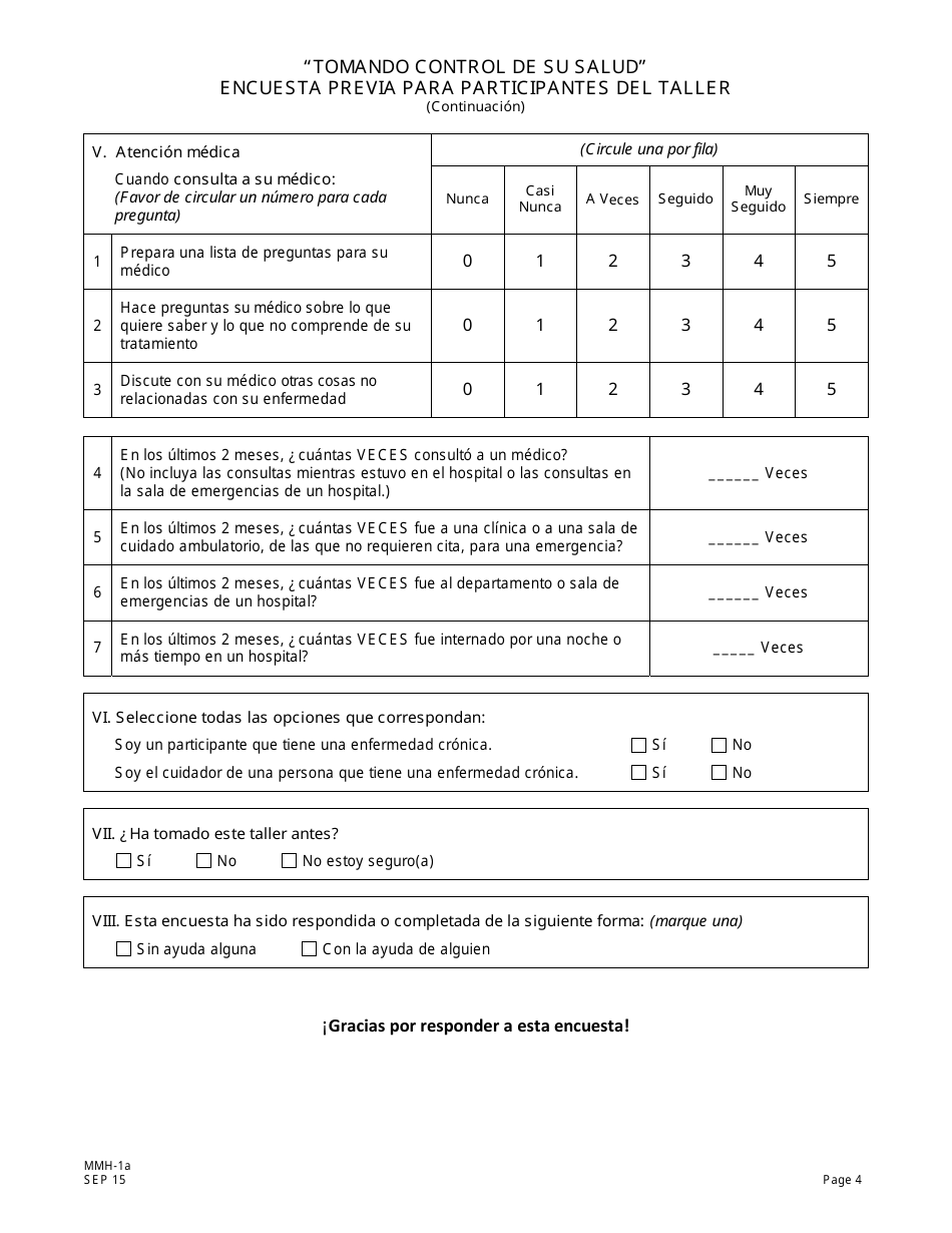Formulario MMH-1A Tomando Control De Su Salud Encuesta Previa Para Participantes Del Taller - Programa De Autocontrol De Enfermedades Cronicas - New Jersey (Spanish), Page 4