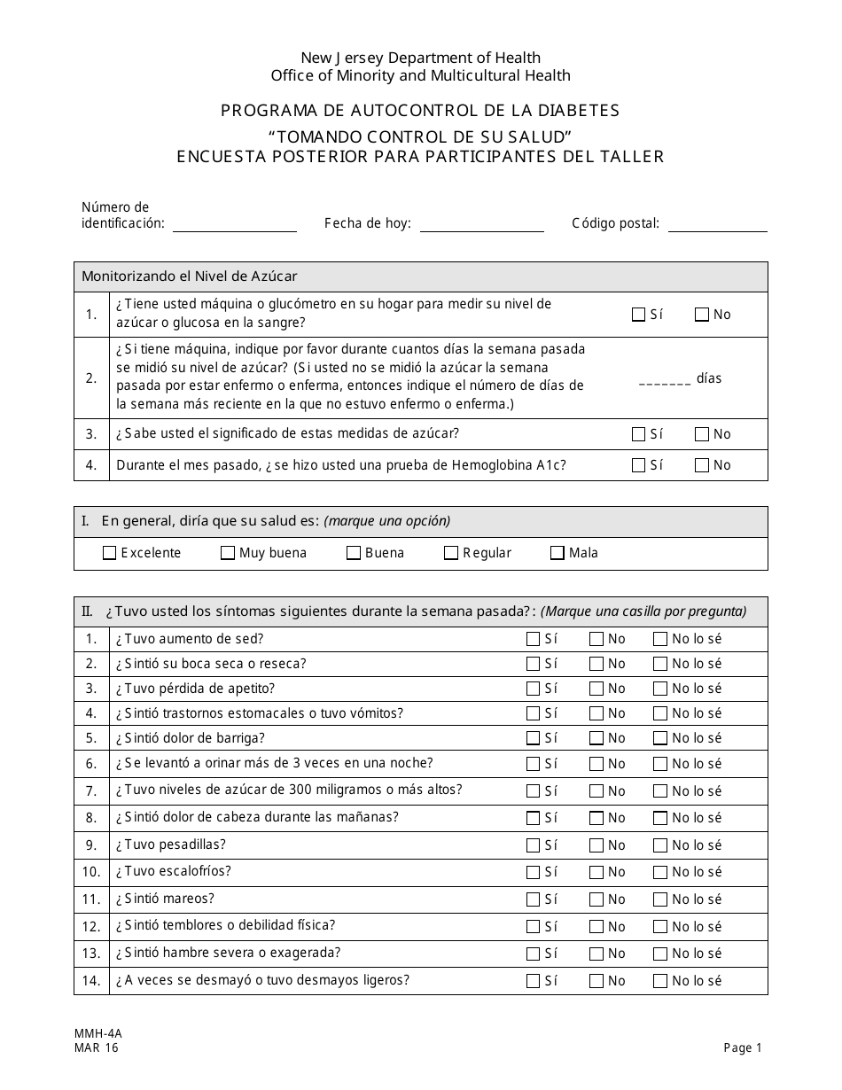 Formulario MMH-4A Tomando Control De Su Salud Encuesta Posterior Para Participantes Del Taller - Programa De Autocontrol De La Diabetes - New Jersey (Spanish), Page 1