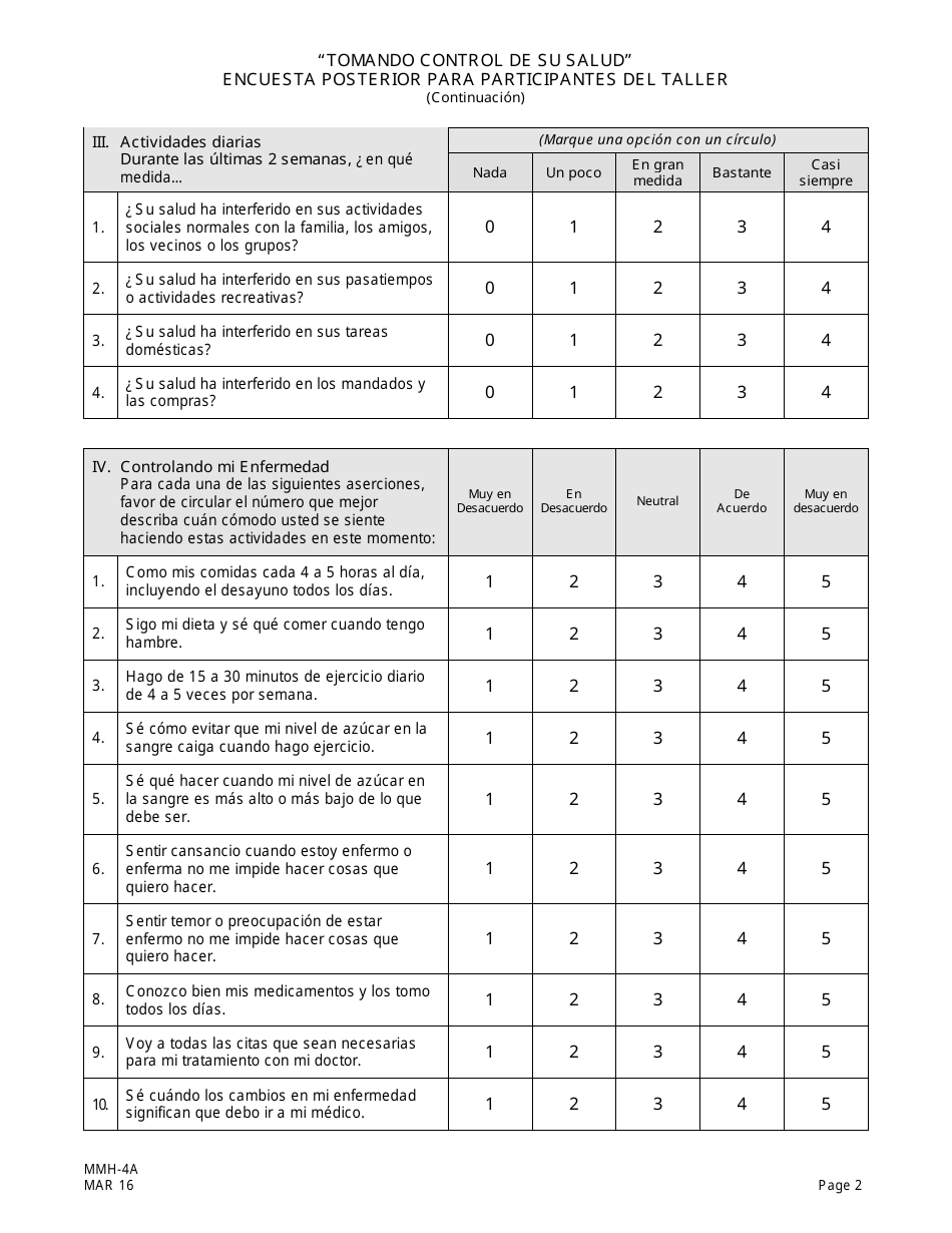 Formulario MMH-4A Tomando Control De Su Salud Encuesta Posterior Para Participantes Del Taller - Programa De Autocontrol De La Diabetes - New Jersey (Spanish), Page 2