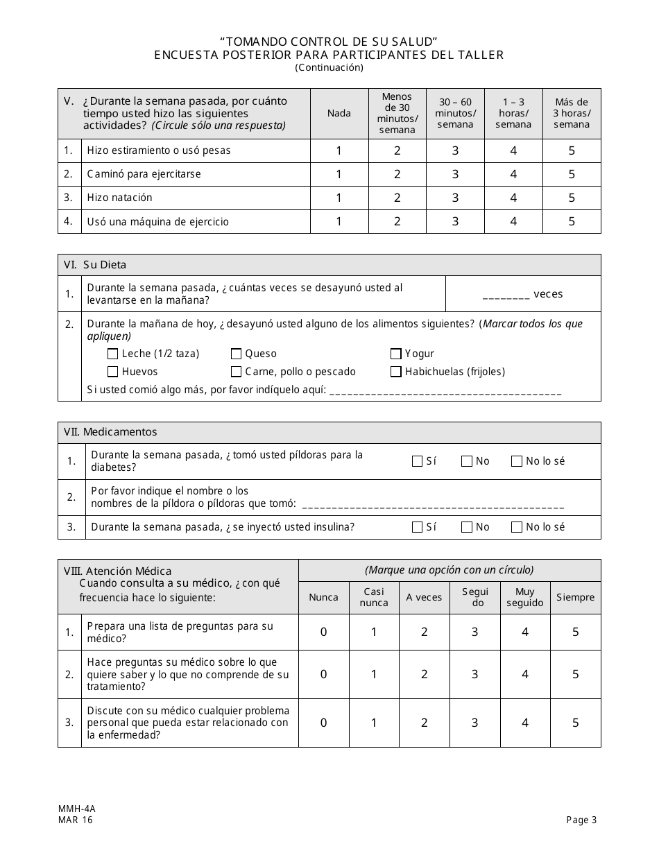 Formulario MMH-4A Tomando Control De Su Salud Encuesta Posterior Para Participantes Del Taller - Programa De Autocontrol De La Diabetes - New Jersey (Spanish), Page 3