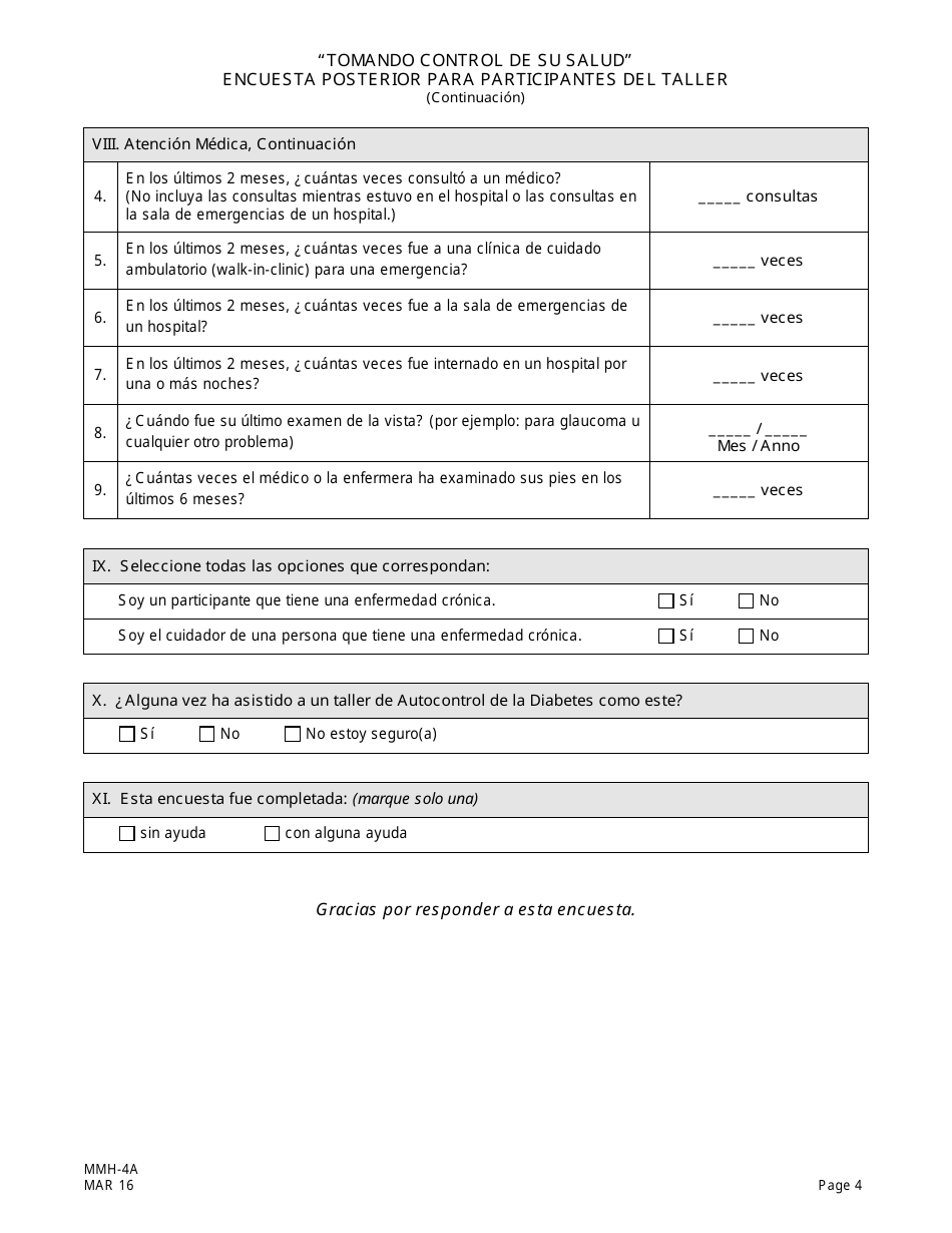 Formulario MMH-4A Tomando Control De Su Salud Encuesta Posterior Para Participantes Del Taller - Programa De Autocontrol De La Diabetes - New Jersey (Spanish), Page 4