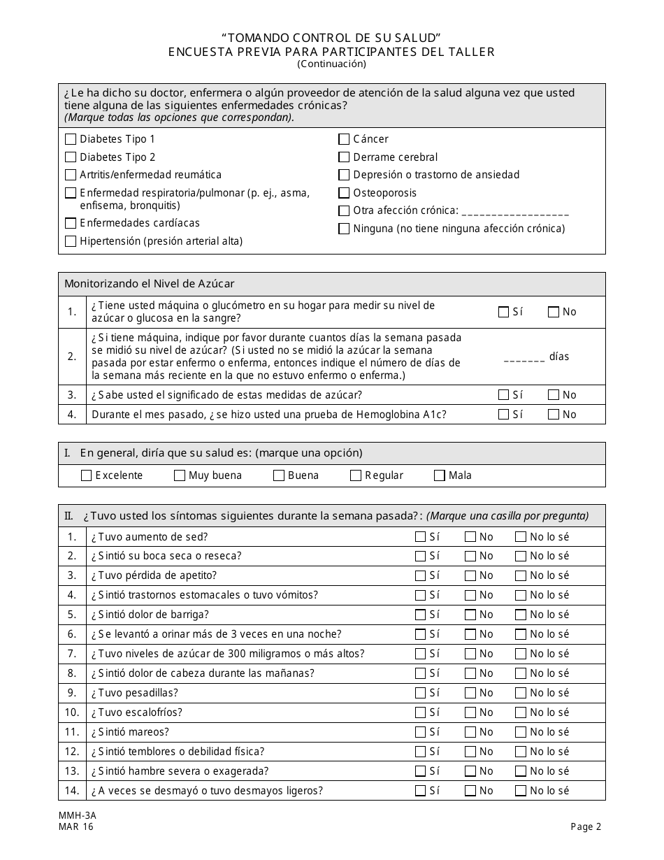 Formulario MMH-3A Tomando Control De Su Salud Encuesta Previa Para Participantes Del Taller - Programa De Autocontrol De La Diabetes - New Jersey (Spanish), Page 2
