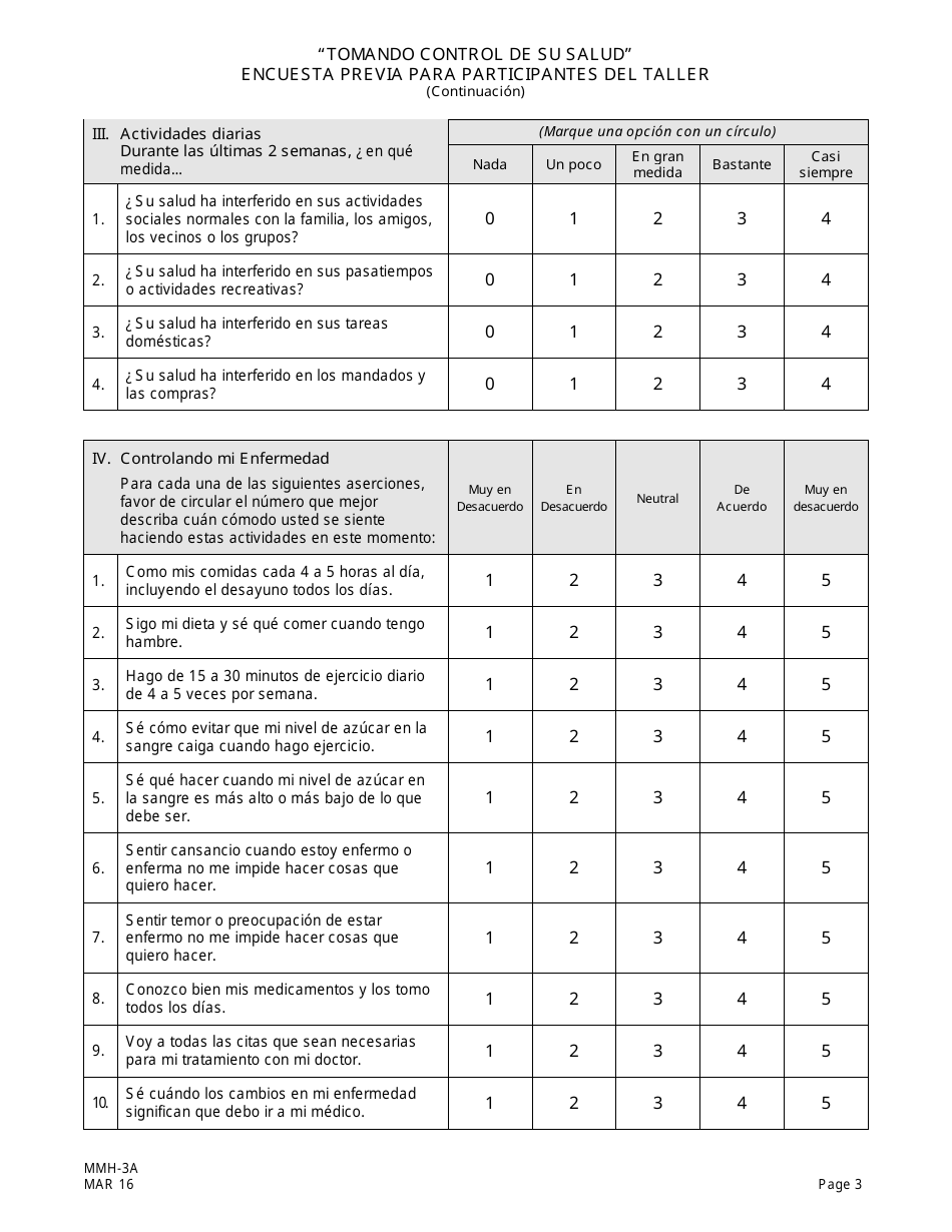Formulario MMH-3A Tomando Control De Su Salud Encuesta Previa Para Participantes Del Taller - Programa De Autocontrol De La Diabetes - New Jersey (Spanish), Page 3
