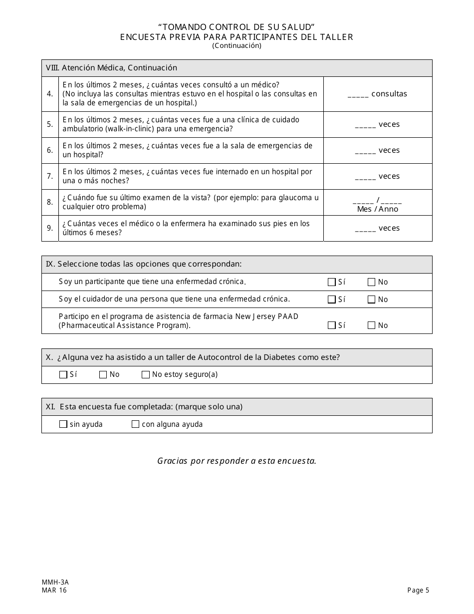 Formulario MMH-3A Tomando Control De Su Salud Encuesta Previa Para Participantes Del Taller - Programa De Autocontrol De La Diabetes - New Jersey (Spanish), Page 5