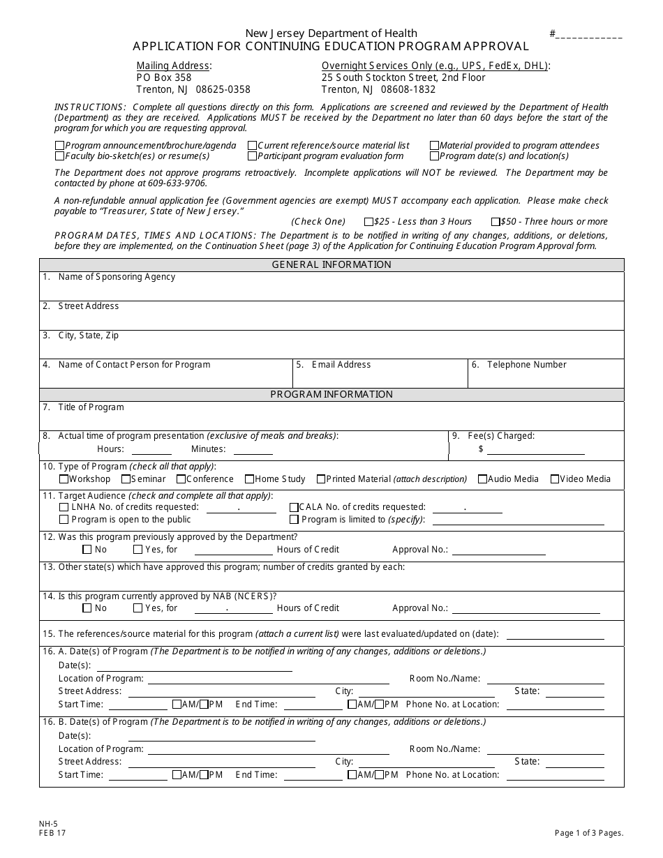 Form NH-5 Sponsor Application for Continuing Education Program Approval for Licensed Nursing Home Administrators - New Jersey, Page 1