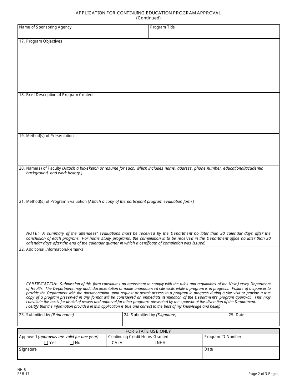 Form NH-5 Sponsor Application for Continuing Education Program Approval for Licensed Nursing Home Administrators - New Jersey, Page 2