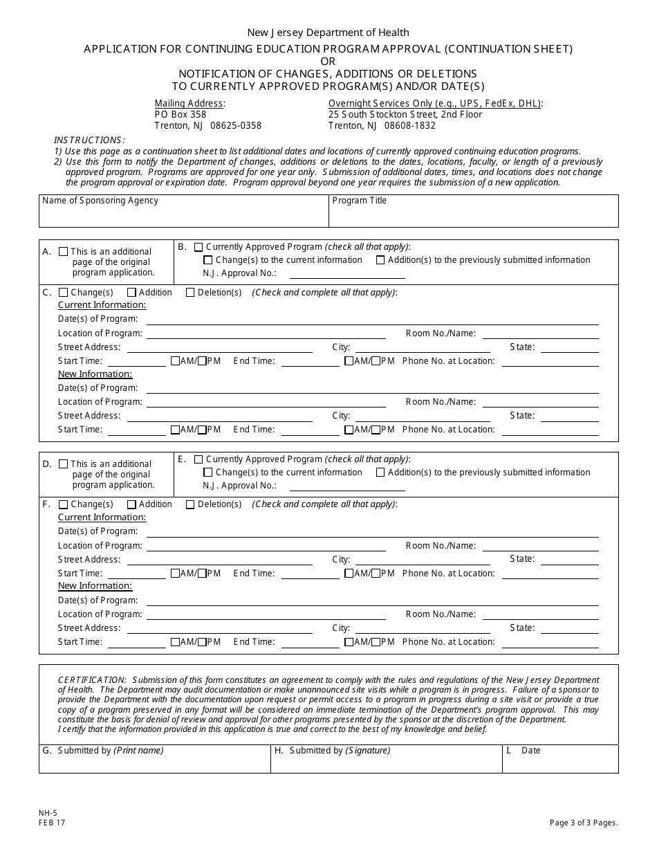 Form NH-5 Sponsor Application for Continuing Education Program Approval for Licensed Nursing Home Administrators - New Jersey, Page 3