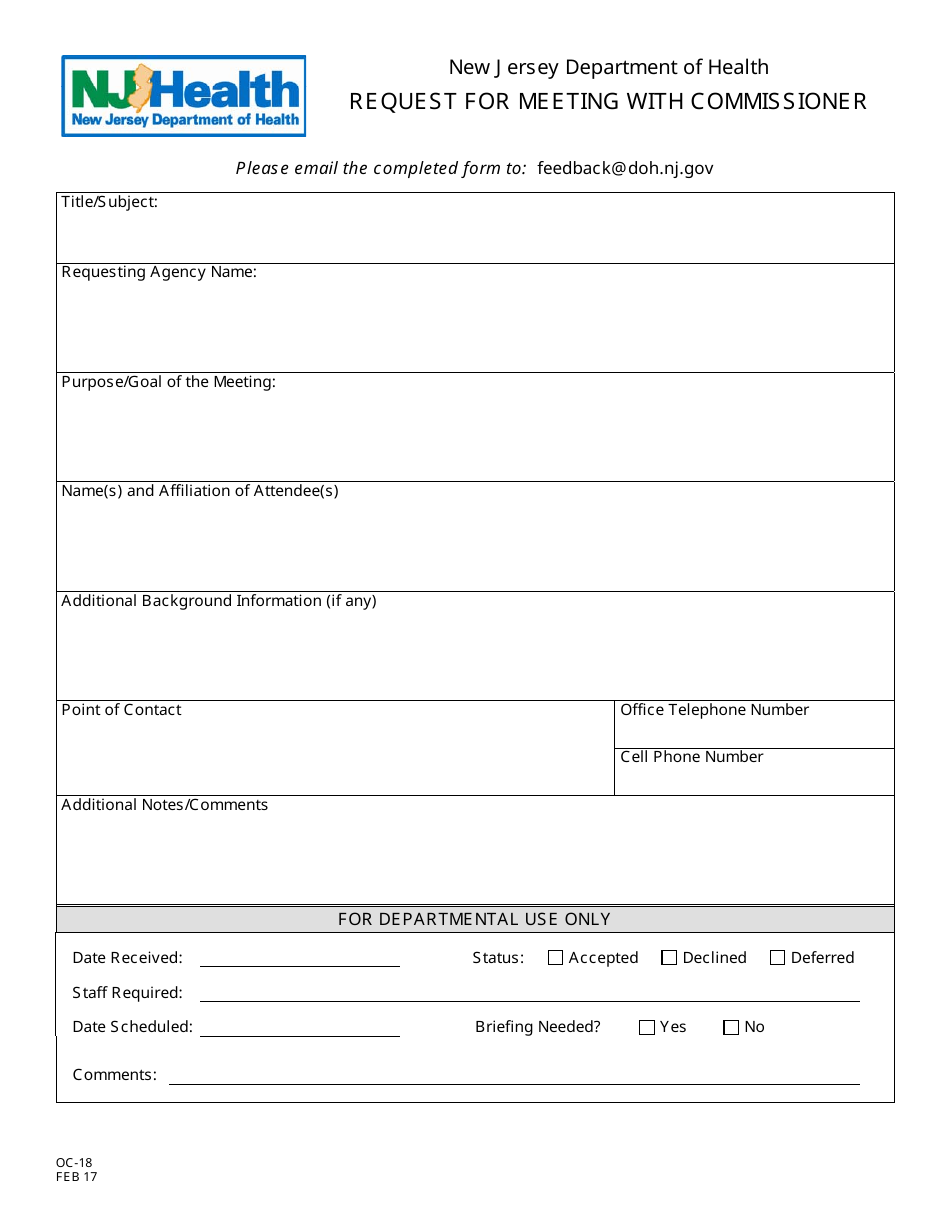 Form OC-18 Request for Meeting With Commissioner - New Jersey, Page 1