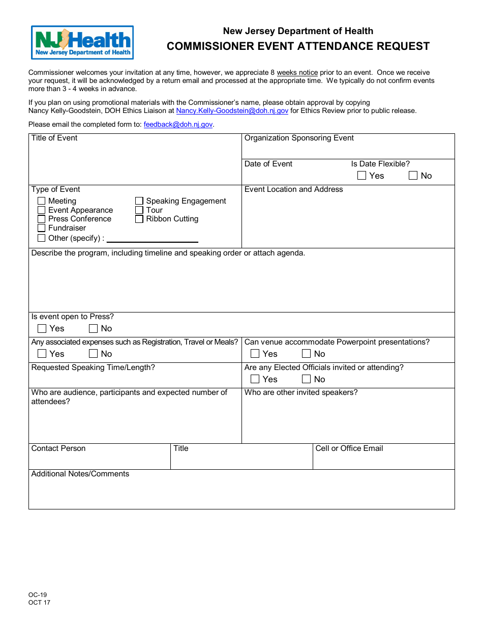 Form OC-19 Commissioner Event Attendance Request - New Jersey, Page 1