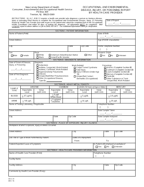 Form OCC-31 Occupational and Environmental Disease, Injury, or Poisoning Report by Health Care Provider - New Jersey