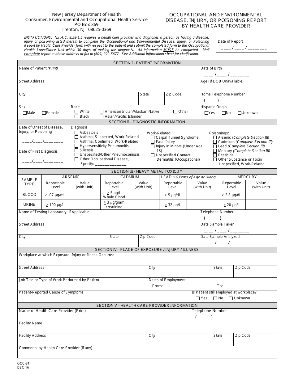 Form OCC-31 Occupational and Environmental Disease, Injury, or Poisoning Report by Health Care Provider - New Jersey, Page 1