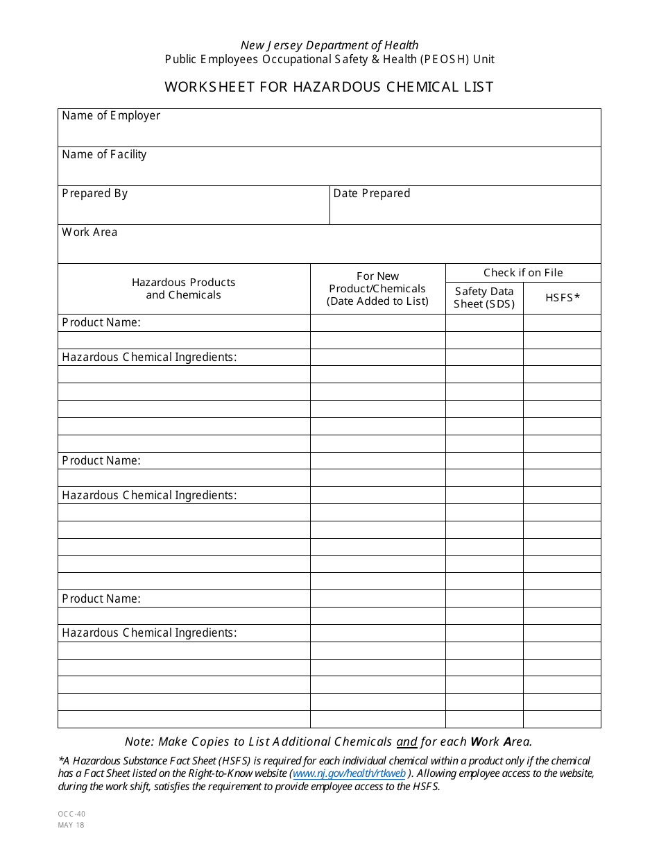Form OCC-40 Worksheet for Hazardous Chemical List - New Jersey, Page 1