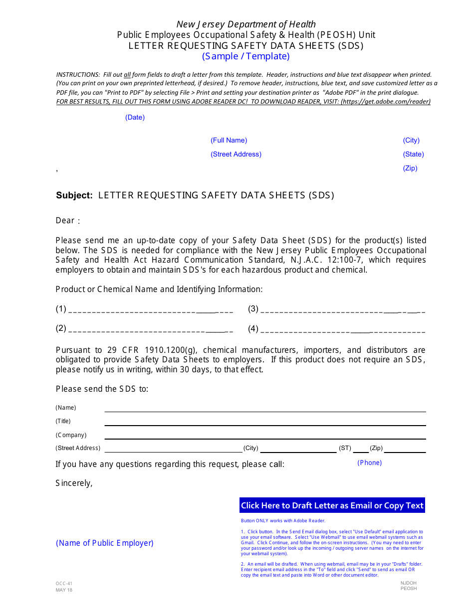 Form OCC-41 Letter for Requesting Safety Data Sheets (Sds) - New Jersey, Page 1