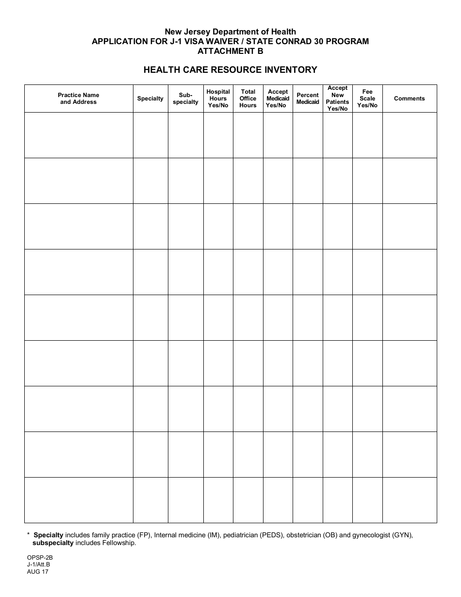 Form OPSP-2B Attachment B Health Care Resources Inventory - New Jersey, Page 1