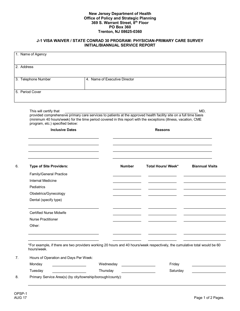 Form OPSP-1 J-1 Visa Waiver/State Conrad 30 Program - Physician-Primary Care Survey, Initial/Biannual Service Report - New Jersey, Page 1