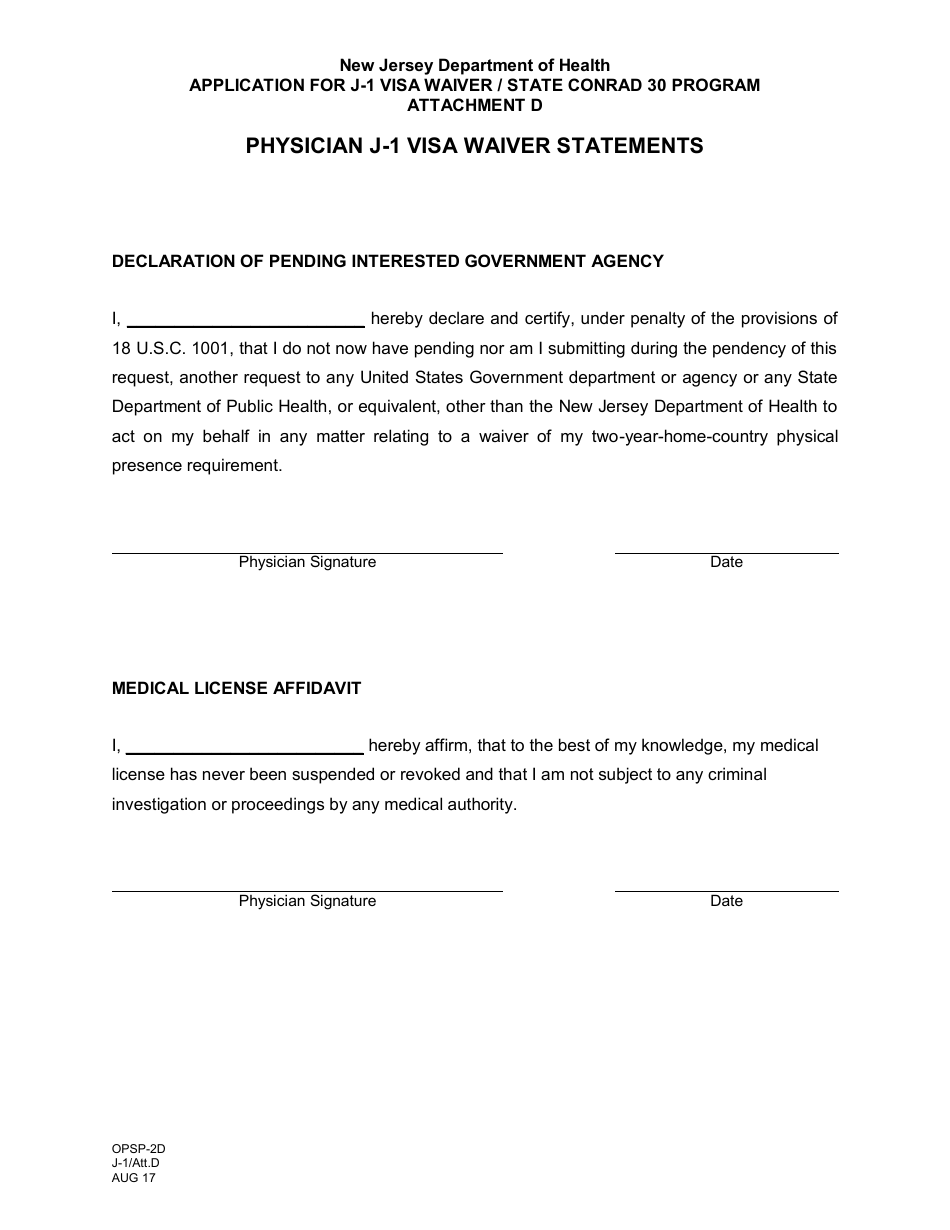 Form OPSP-2D Attachment D Physician J-1 Visa Waiver Statements - New Jersey, Page 1