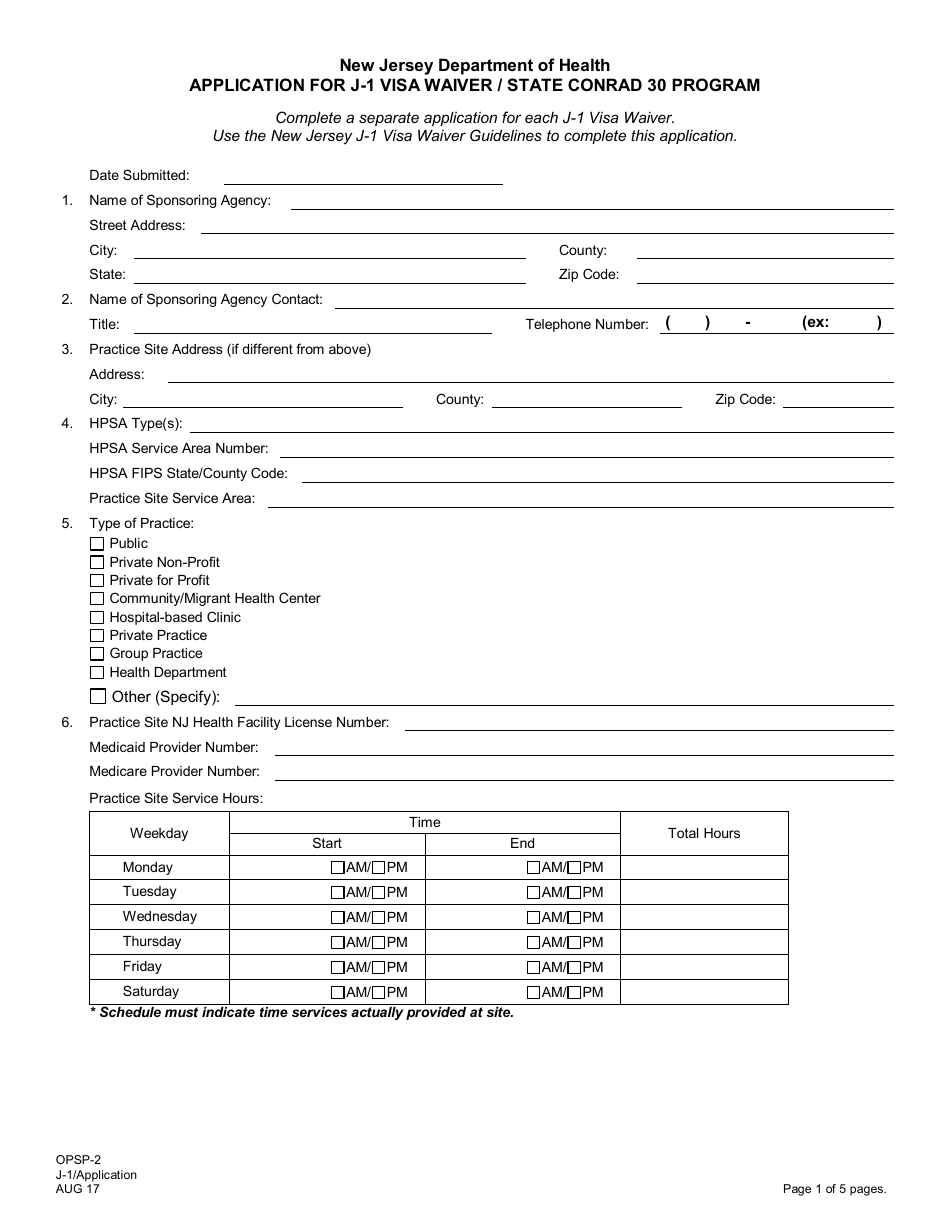 Form OPSP-2 Application for J-1 Visa Waiver/State Conrad 30 Program - New Jersey, Page 1