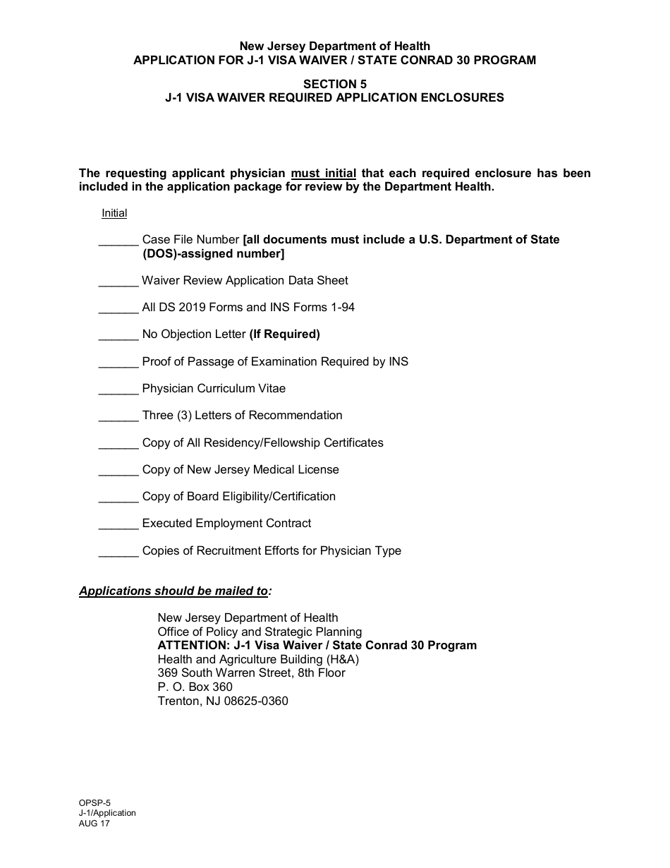 Form OPSP-5 Section 5, J-1 Visa Waiver Required Application Enclosures - New Jersey, Page 1