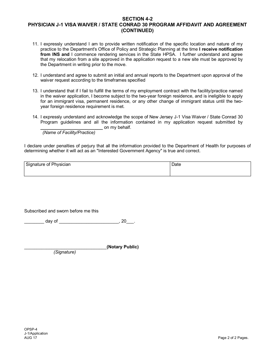 Form OPSP-4 Section 4-2 Physician J-1 Visa Waiver / State Conrad 30 Program Affidavit and Agreement - New Jersey, Page 2