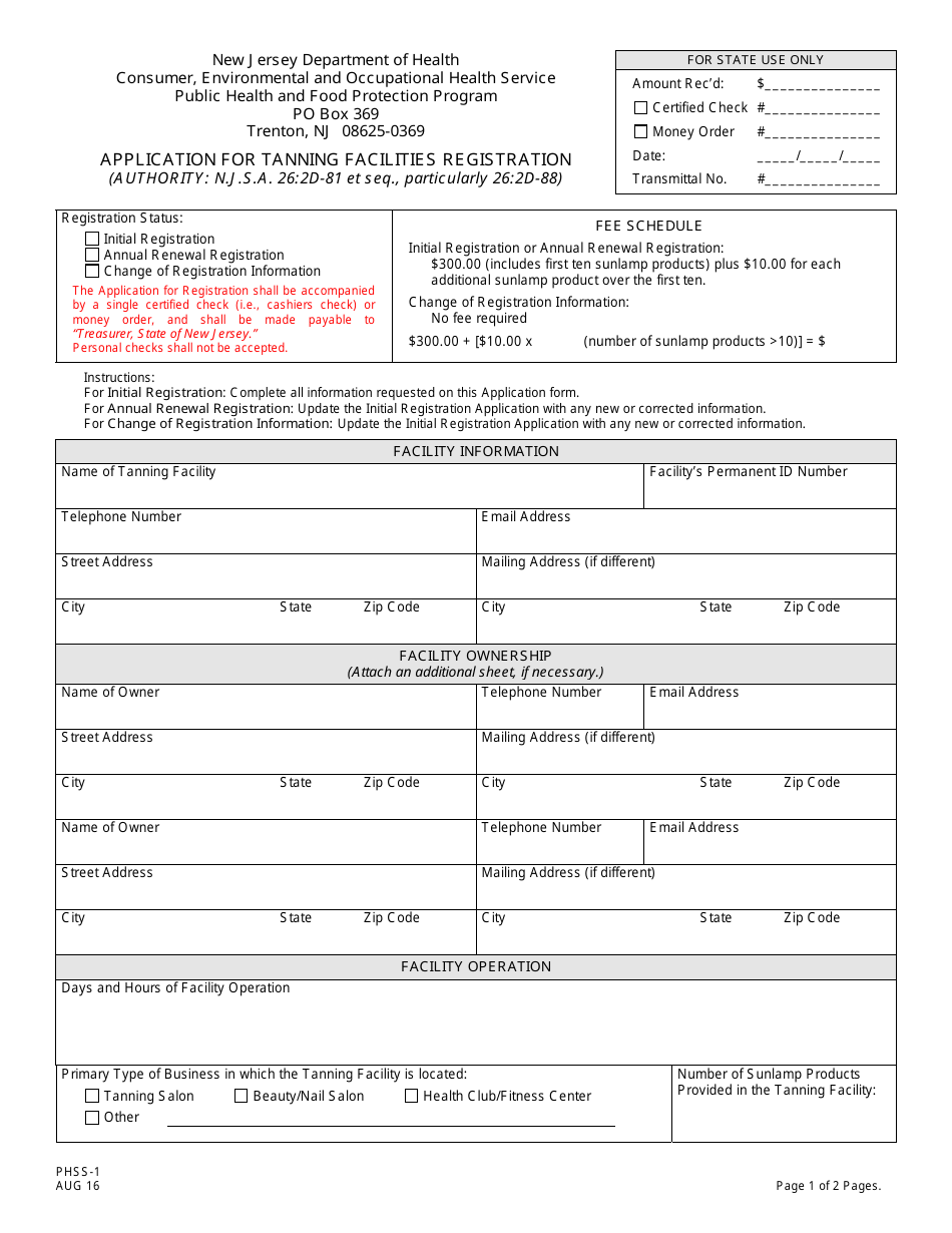 Form PHSS-1 Application for Tanning Facilities Registration - New Jersey, Page 1