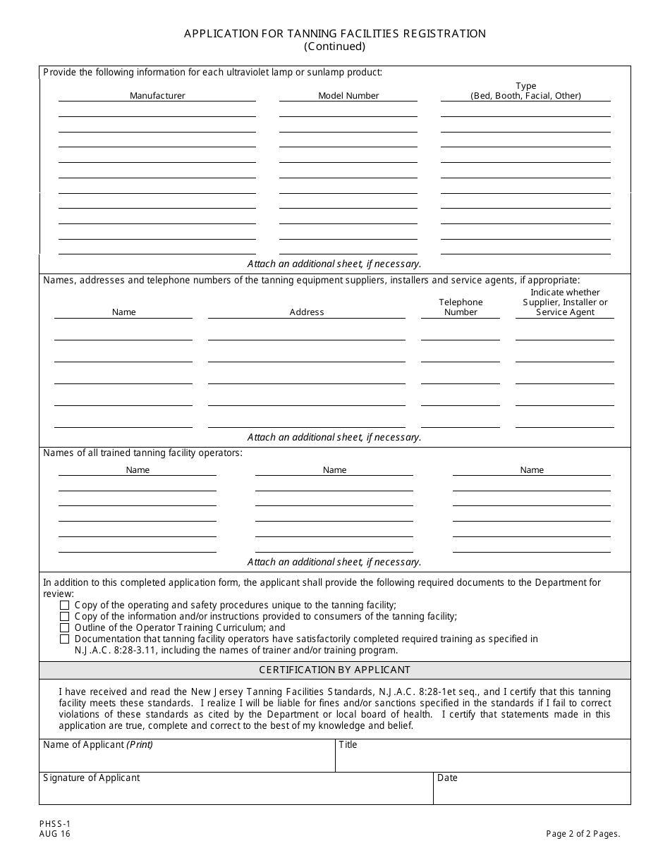 Form PHSS-1 Application for Tanning Facilities Registration - New Jersey, Page 2