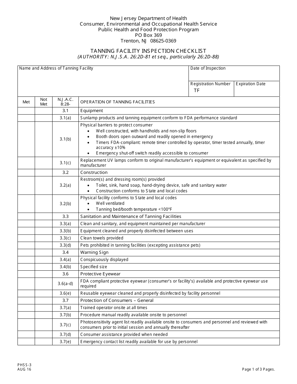 Form PHSS-3 Tanning Facility Inspection Checklist - New Jersey, Page 1